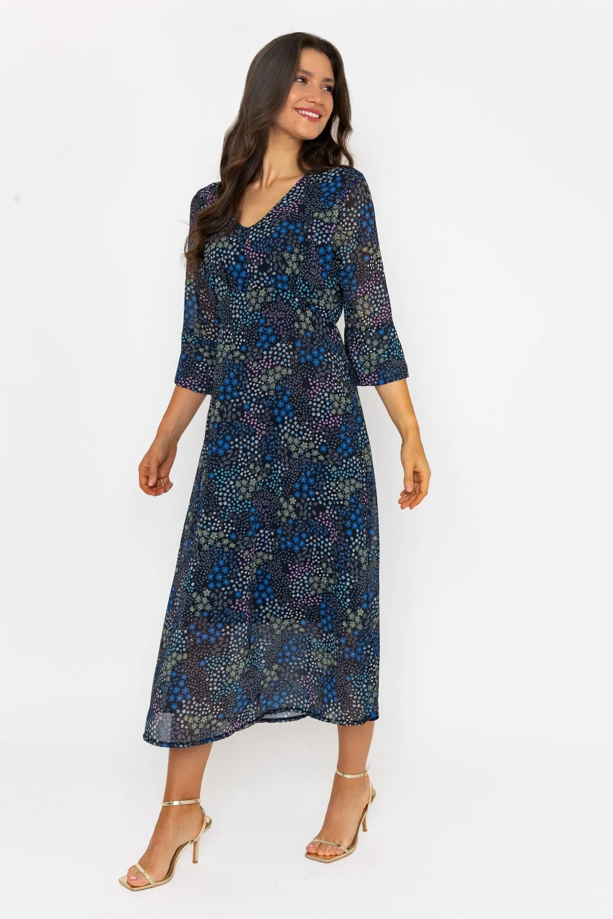 3/4 Sleeve Kerry Midi Dress in Navy Print