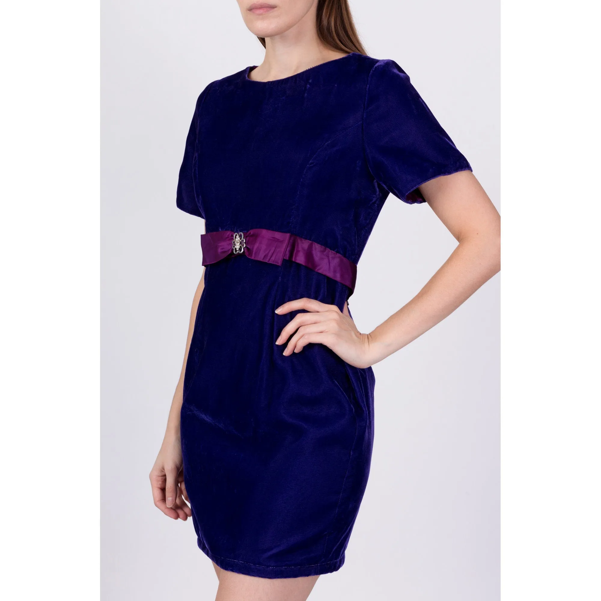 80s Royal Purple Velvet Party Dress - Medium