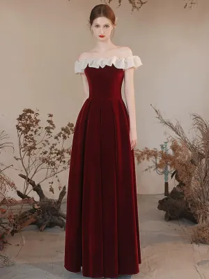 A-Line Off Shoulder Velvet Burgundy Long Prom Dress, Burgundy Formal Dress