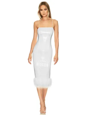 Angie White Midi Evening Dress with Sequin and Boa Feather Detail
