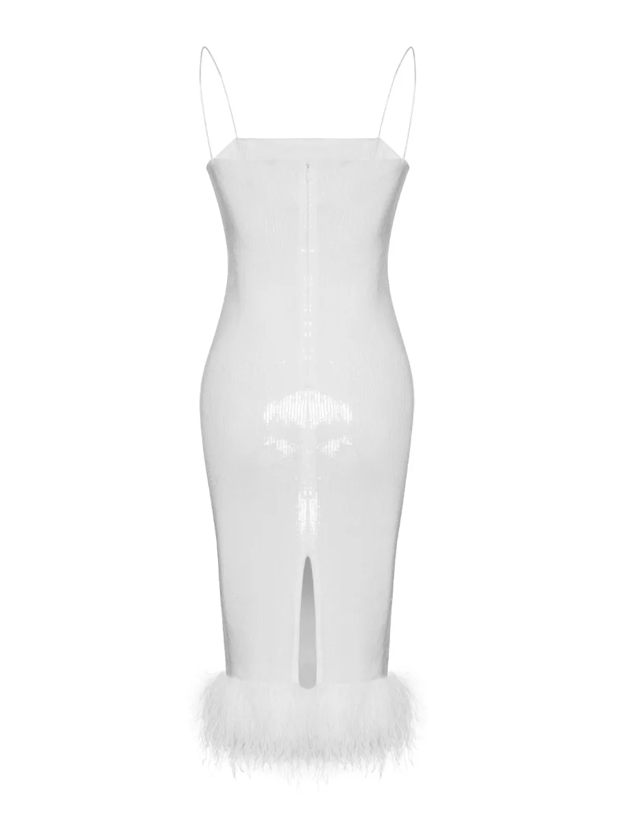 Angie White Midi Evening Dress with Sequin and Boa Feather Detail