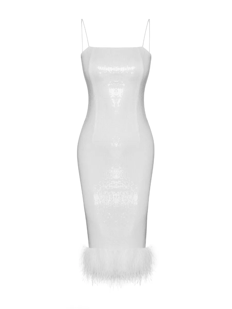 Angie White Midi Evening Dress with Sequin and Boa Feather Detail
