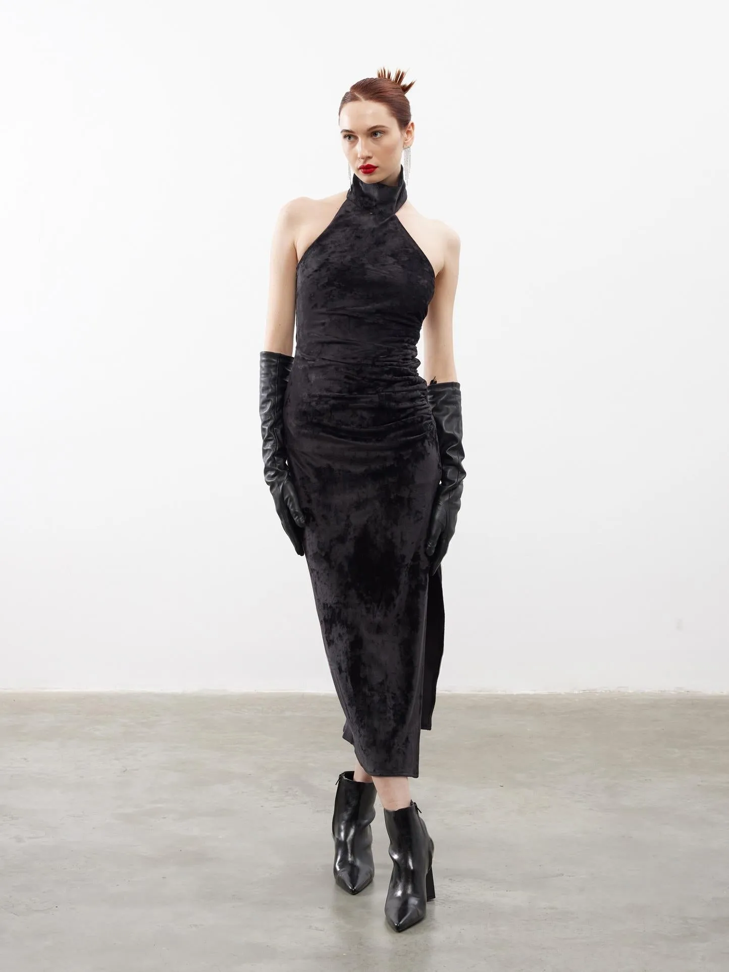 Asymmetrical Collar Velvet Midi Dress Black