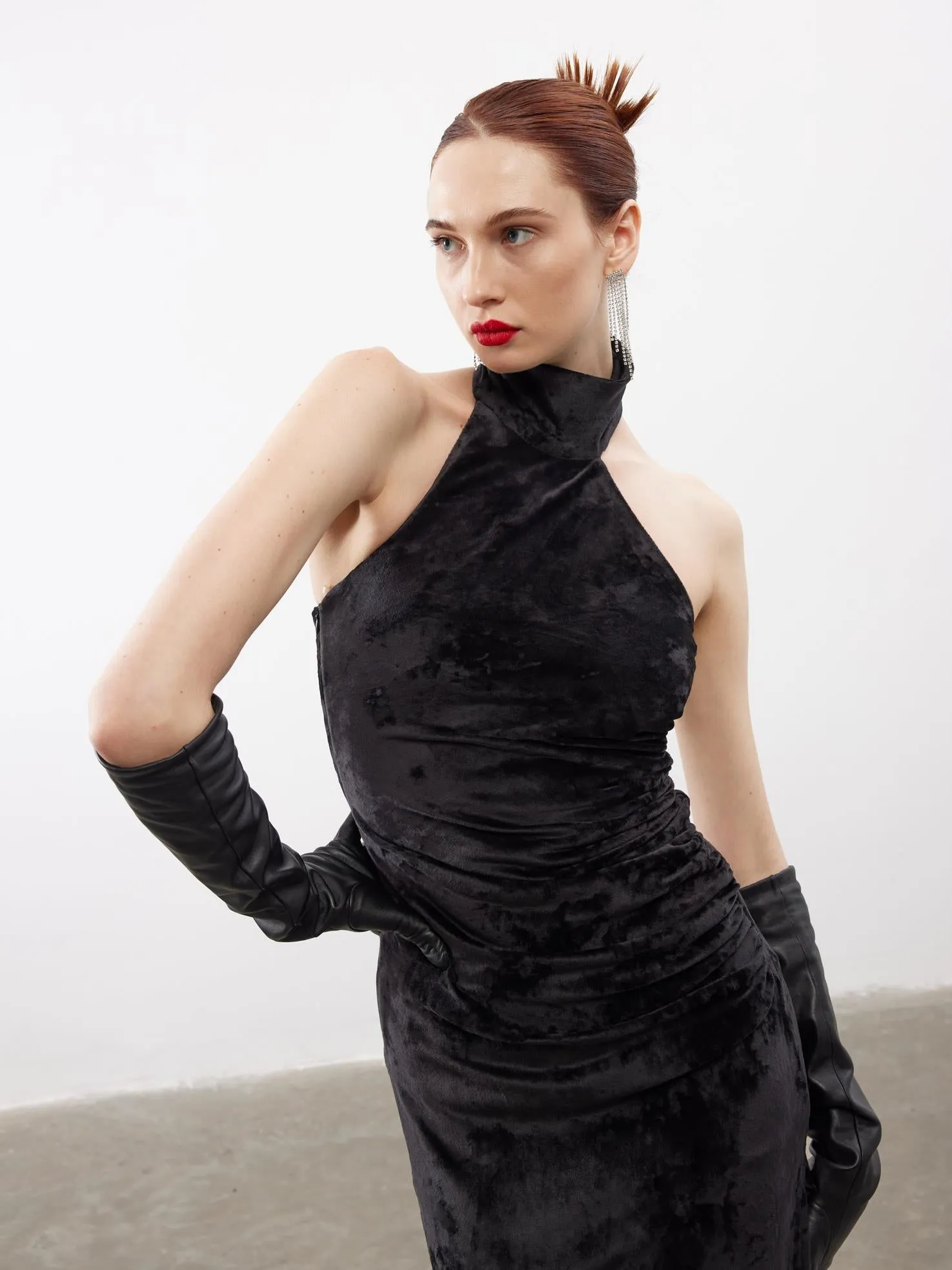Asymmetrical Collar Velvet Midi Dress Black