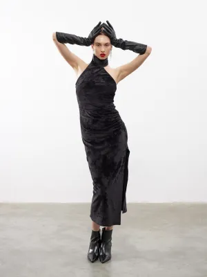 Asymmetrical Collar Velvet Midi Dress Black