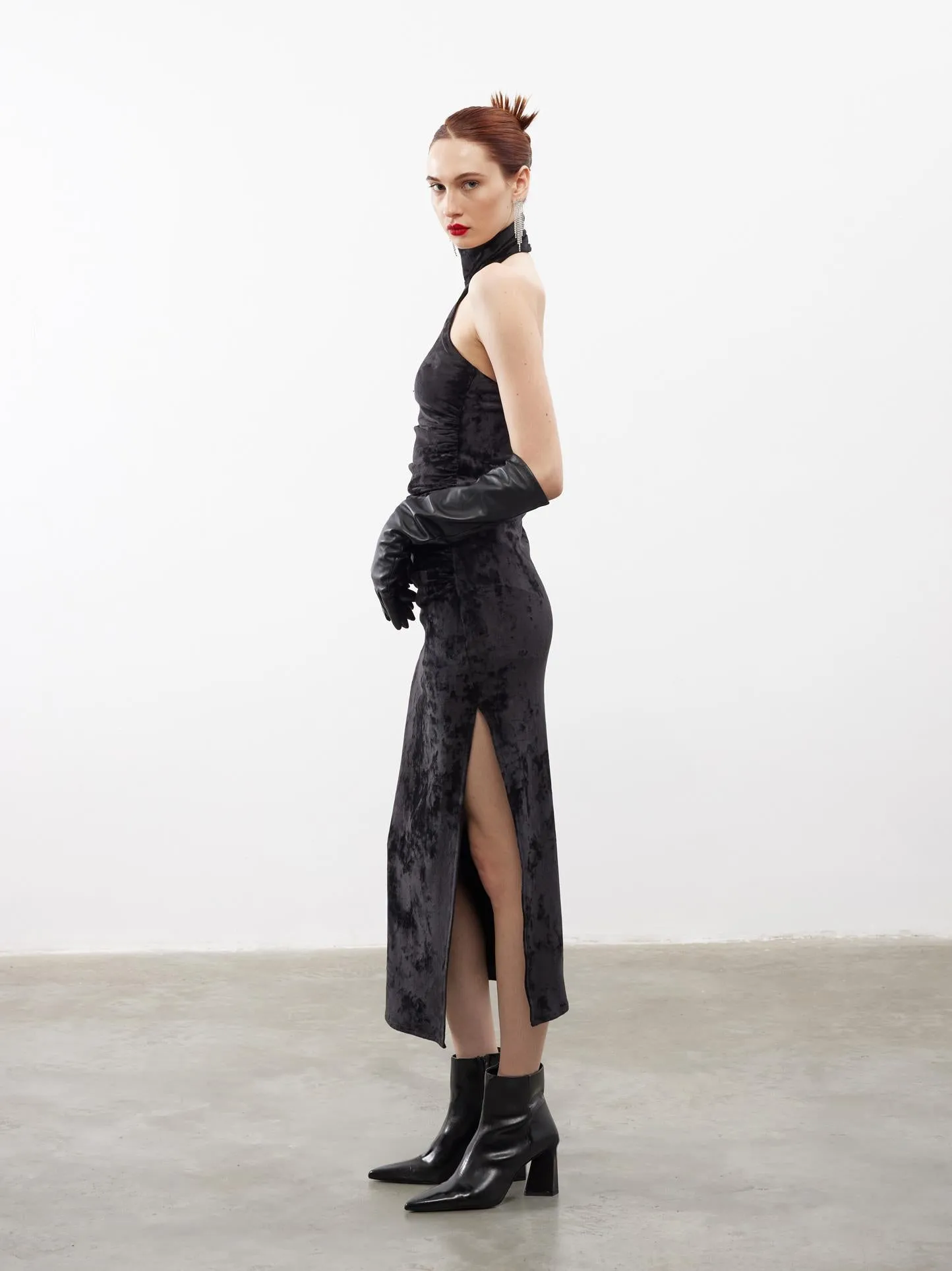 Asymmetrical Collar Velvet Midi Dress Black