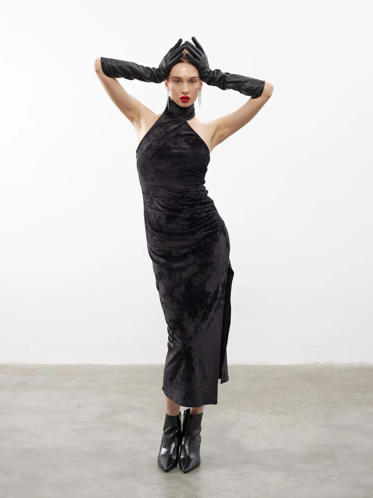 Asymmetrical Collar Velvet Midi Dress Black