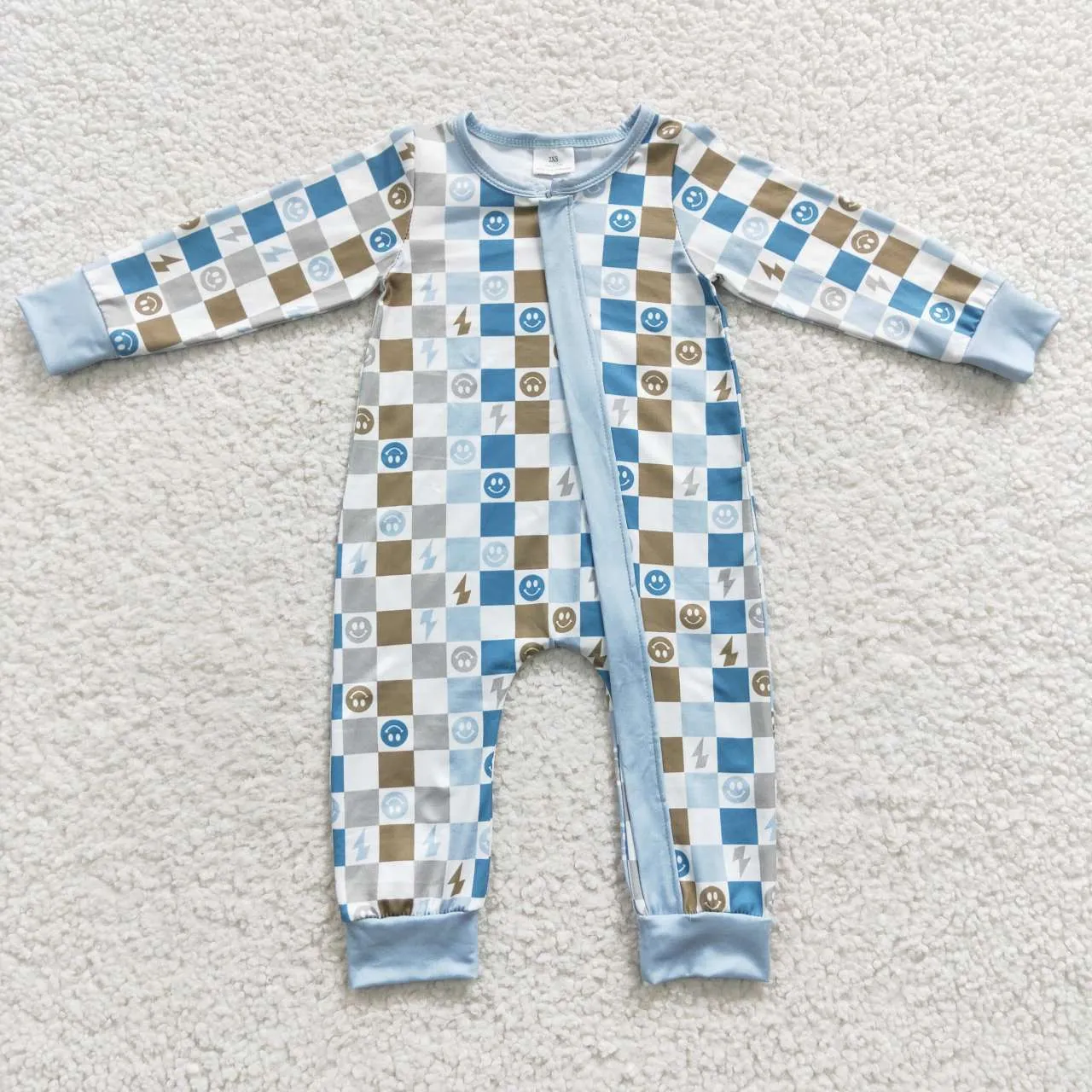 baby blue plaid zipper onesie LR0313