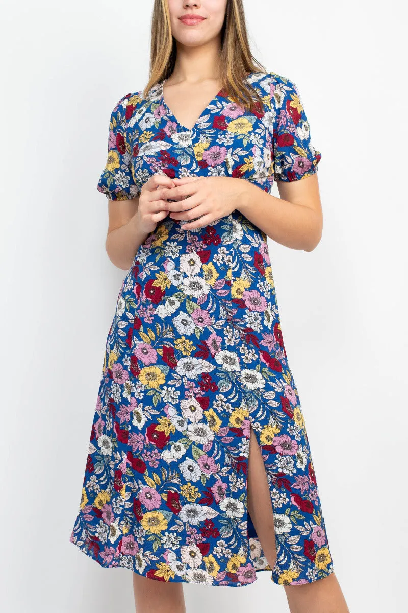BCBG Generation V-Neck Short Sleeve Slit Front Floral Print Zipper Back Crepe Dress