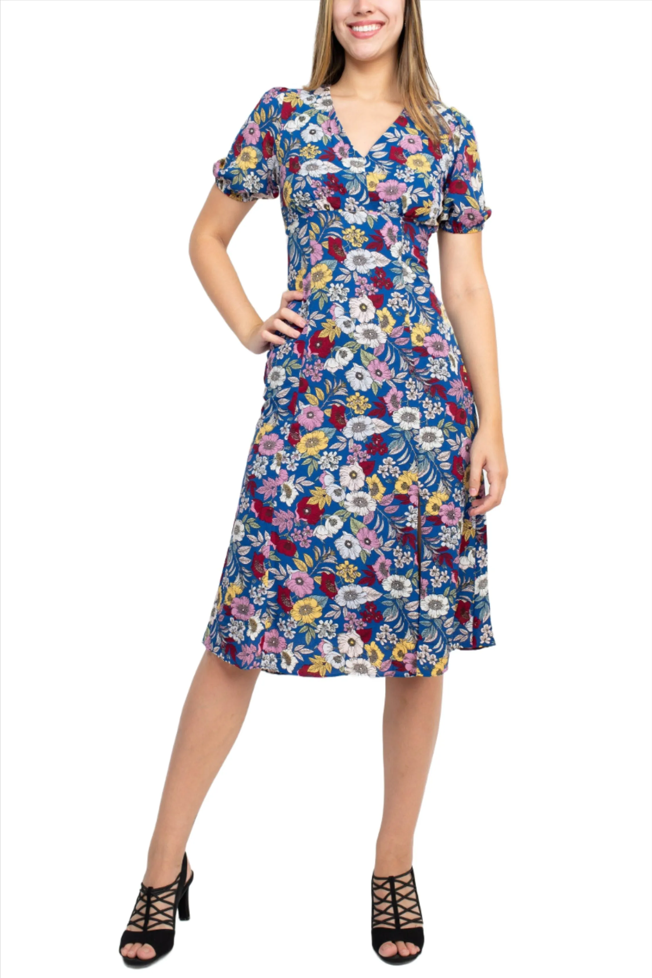 BCBG Generation V-Neck Short Sleeve Slit Front Floral Print Zipper Back Crepe Dress