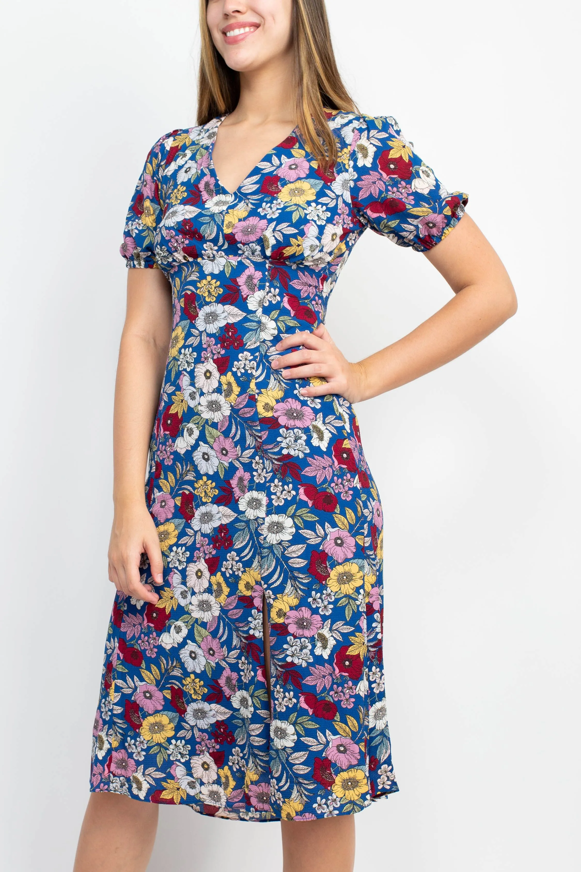 BCBG Generation V-Neck Short Sleeve Slit Front Floral Print Zipper Back Crepe Dress