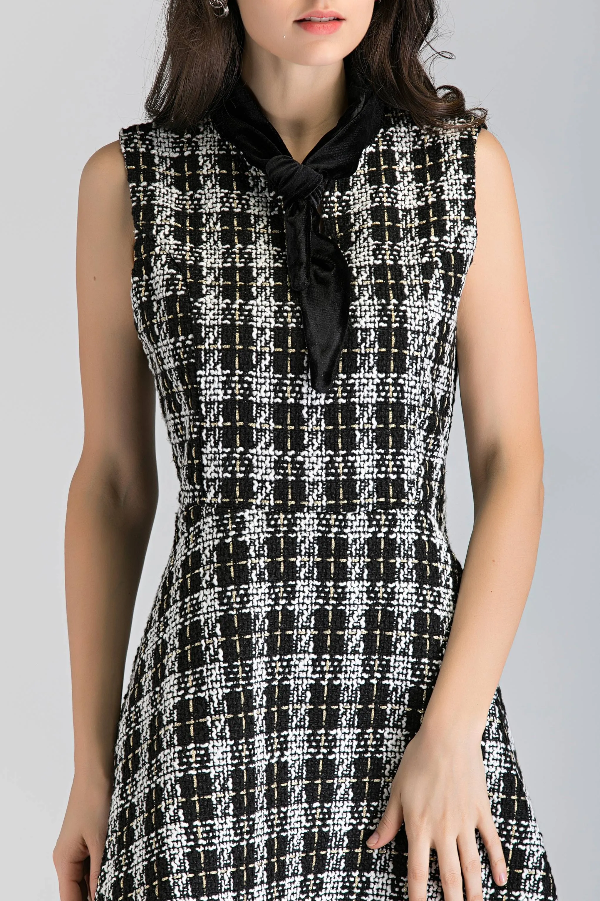 Black and White Tweed Sleeveless Midi Dress