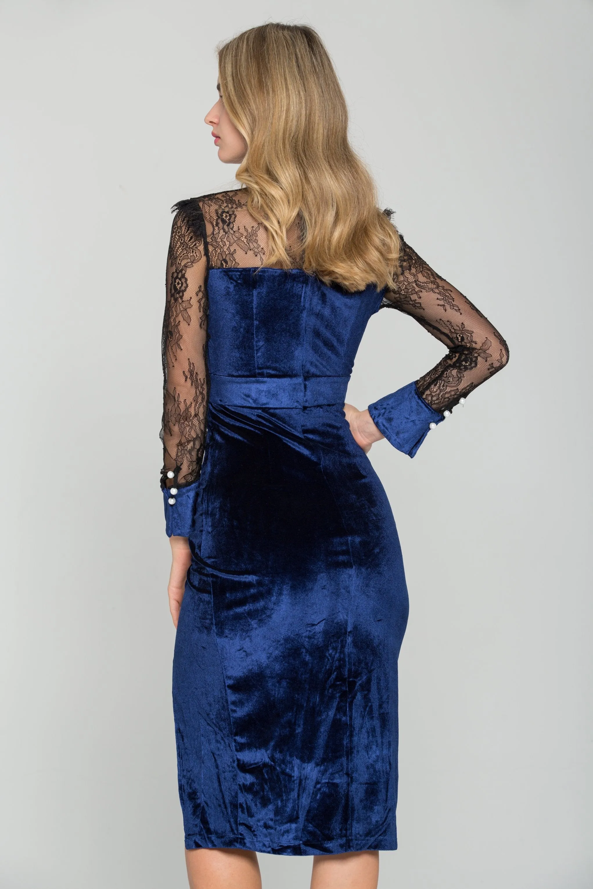 Black Sheer Yoke Blue Velvet Sweetheart Neck Midi Dress