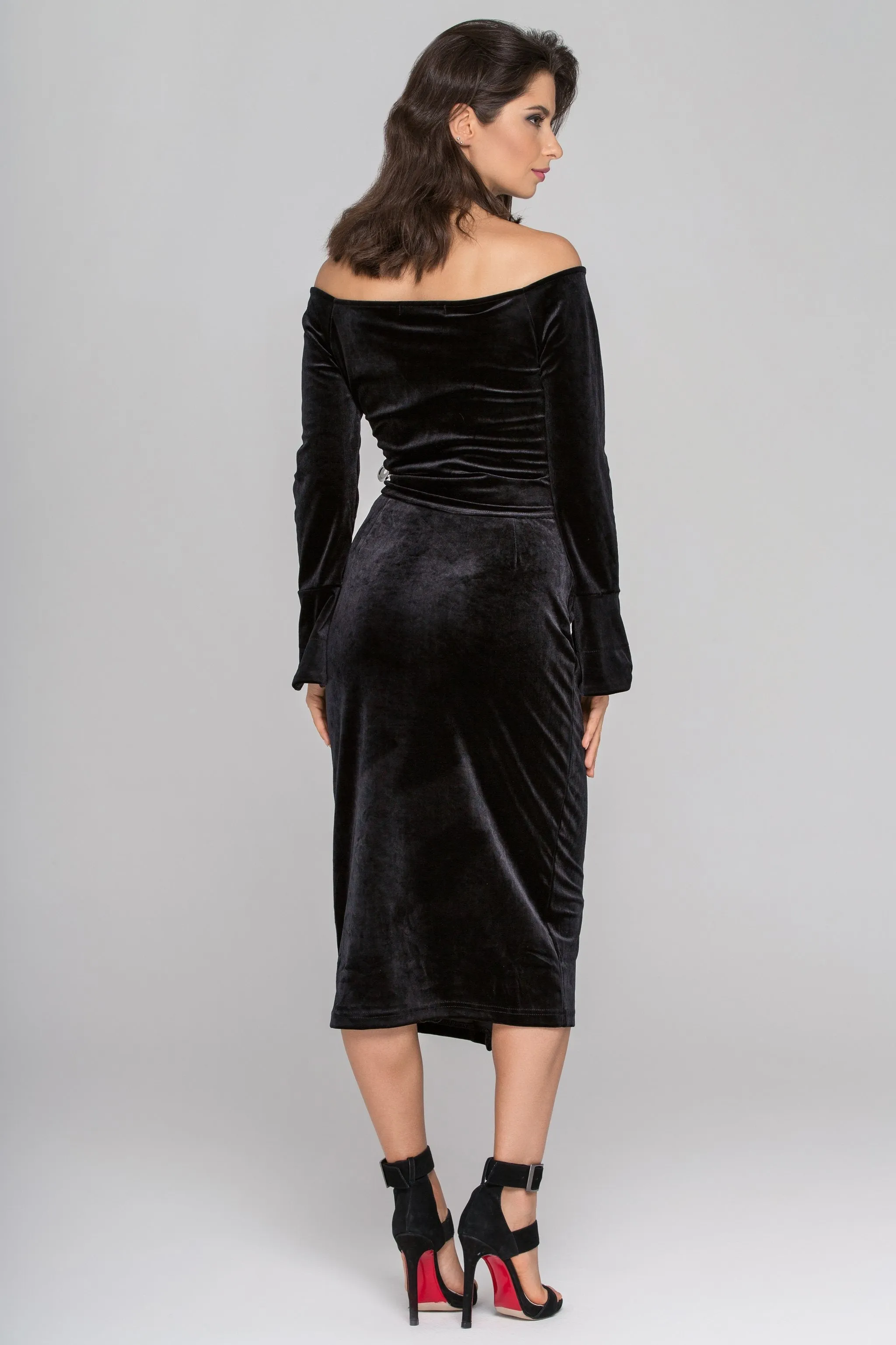 Black Velvet Flare Sleeves Two Piece Midi Dress