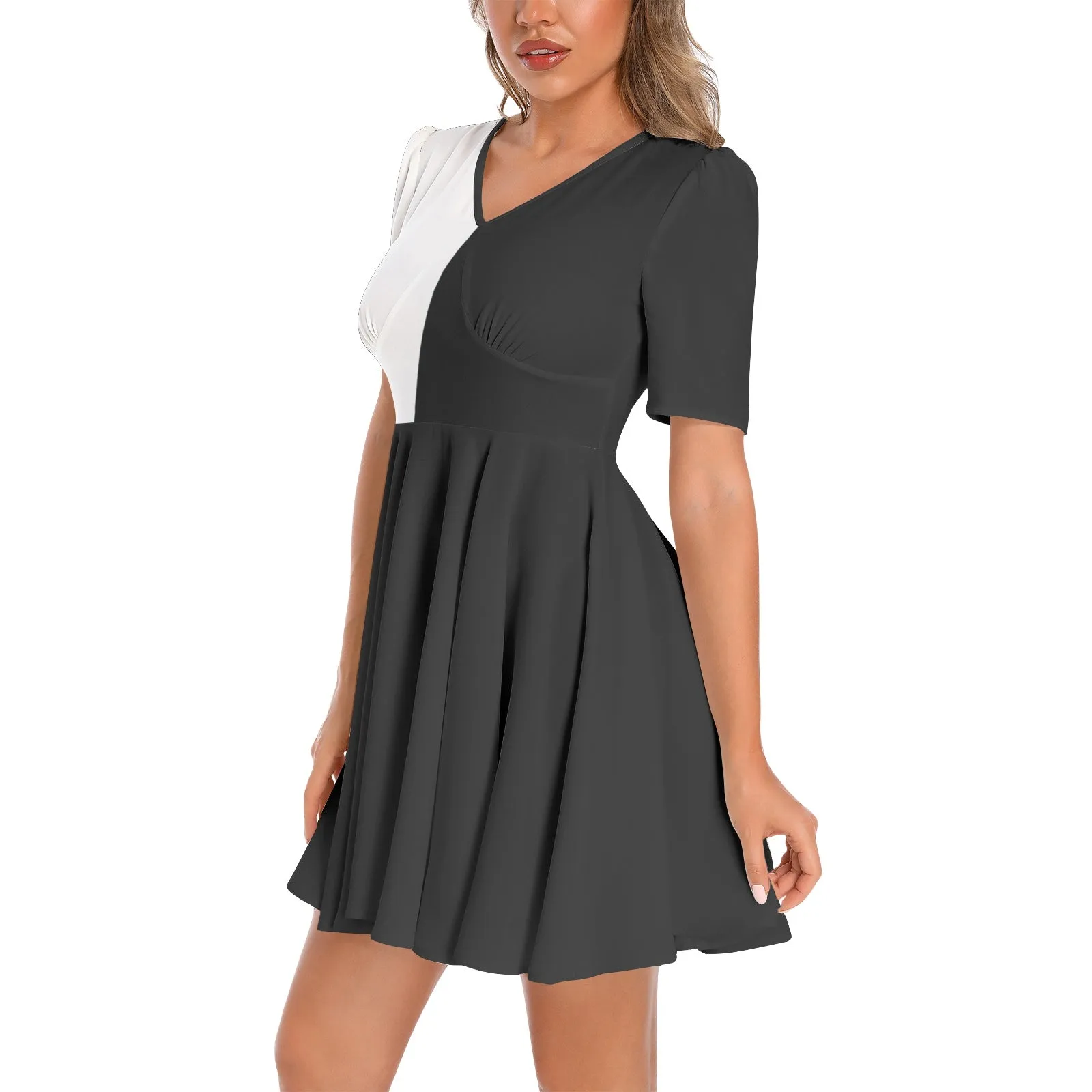 Black White Fit and Flare Hem Midi Dress Women, V Neck Short Sleeve Ruched Bust Print Summer Cocktail Party Ladies Sexy Casual