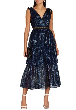 Blue Sequins Tiered Midi Dress