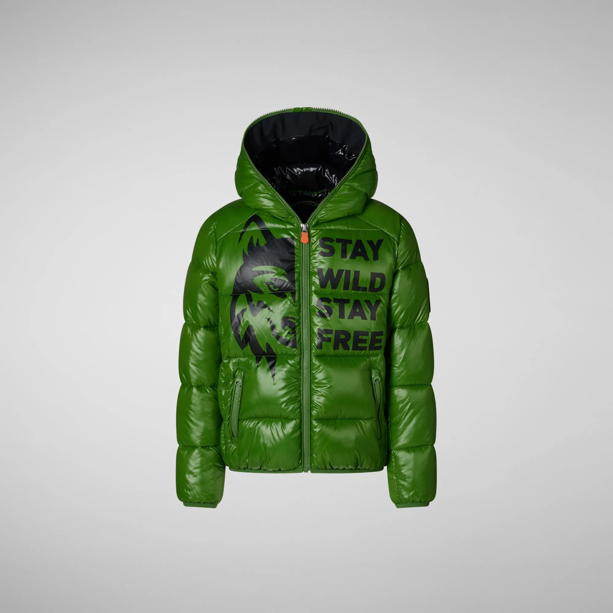 Boys' animal free Puffer jacket Keegan in grass green wolf print