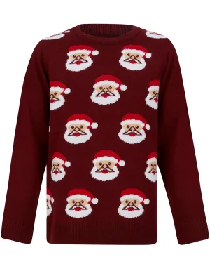 Boy's Santa Face Repeat Novelty Christmas Jumper in Claret - Merry Christmas Kids (4-12yrs)