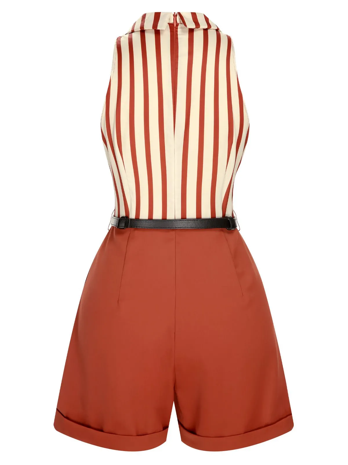 Brick Red 1940s Striped Lapel Romper