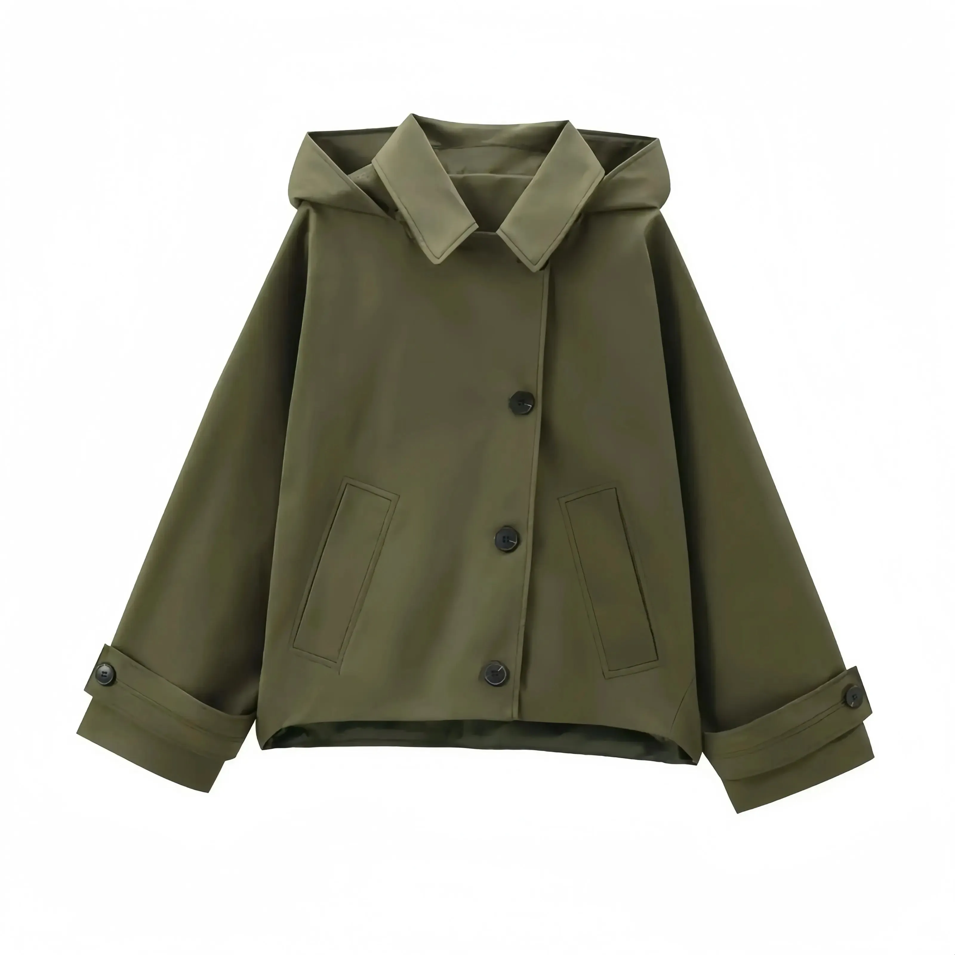 Buttoned Hooded Short Trench Jacket