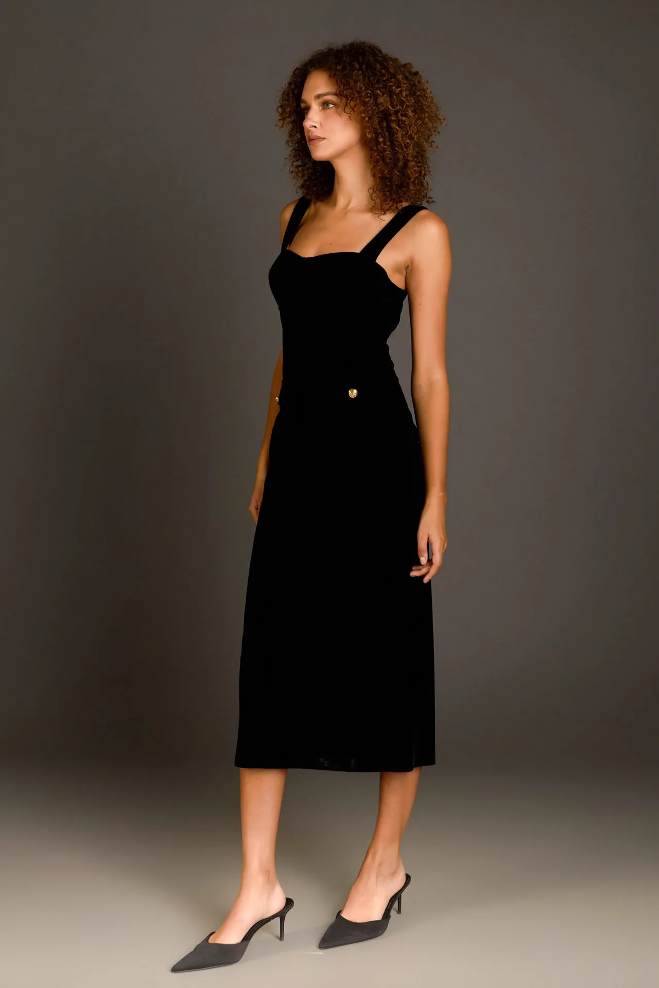 Buttoned Velvet Midi Dress