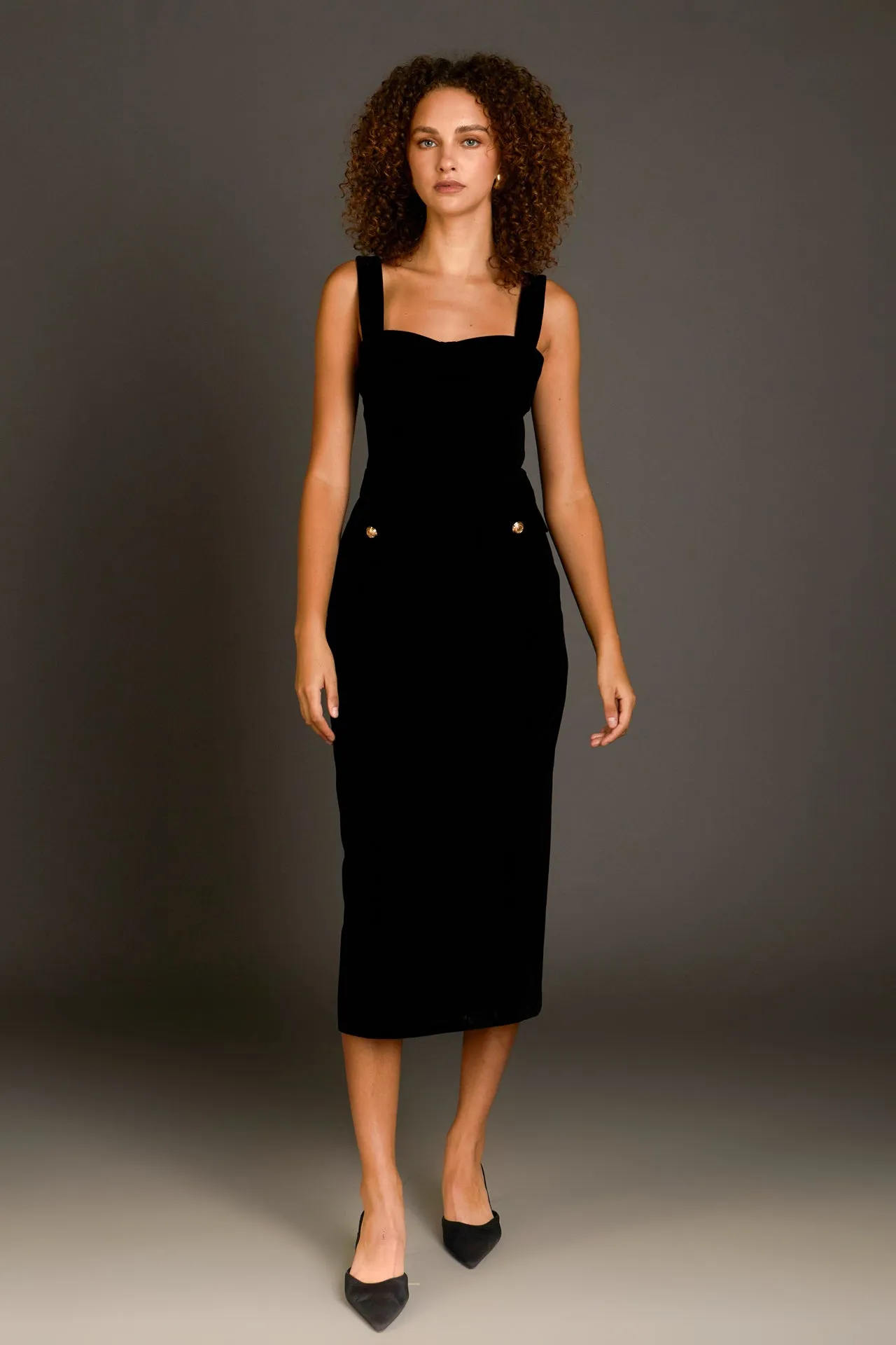 Buttoned Velvet Midi Dress