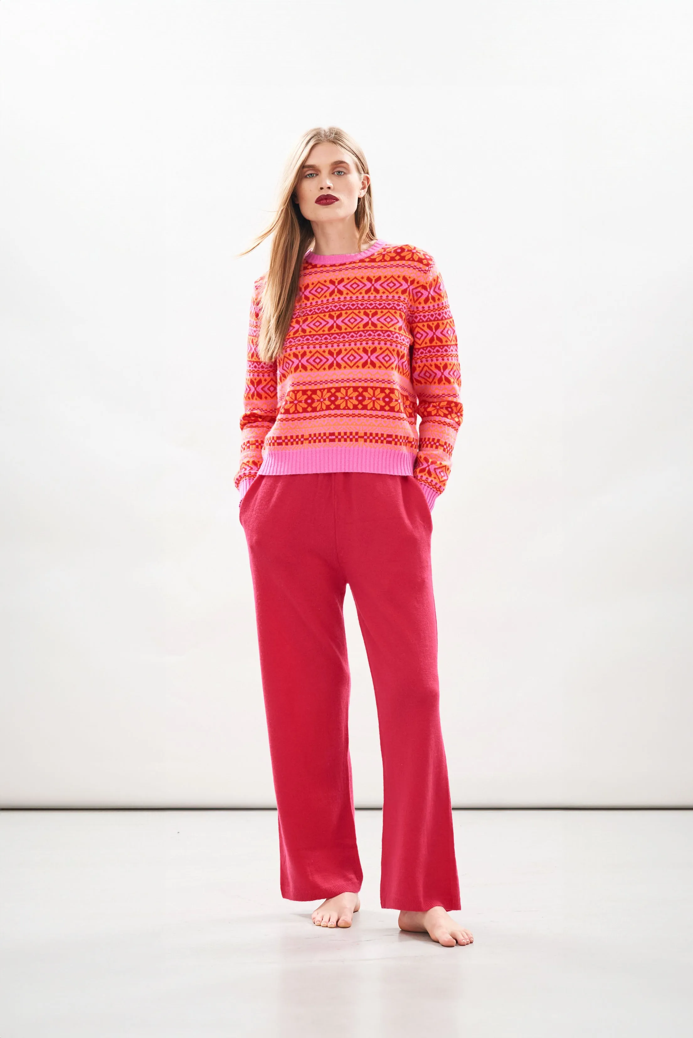 Cashmere Tonal Fair Isle Crew in Peony and Neon Orange