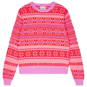 Cashmere Tonal Fair Isle Crew in Peony and Neon Orange
