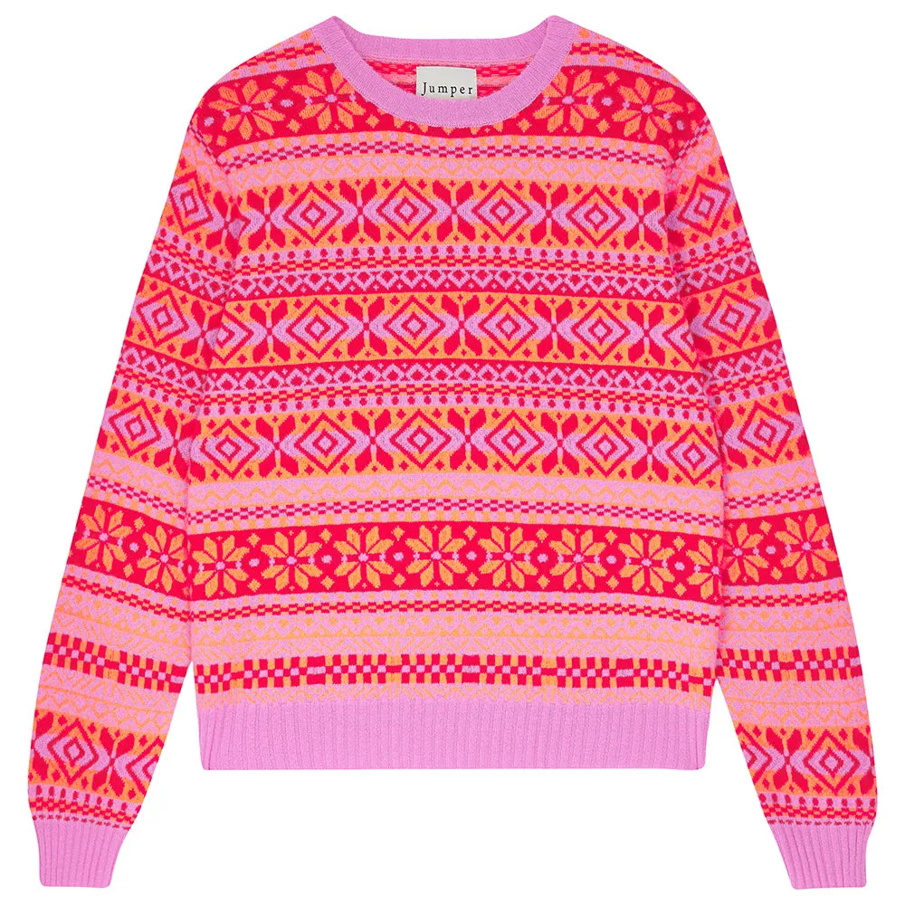 Cashmere Tonal Fair Isle Crew in Peony and Neon Orange