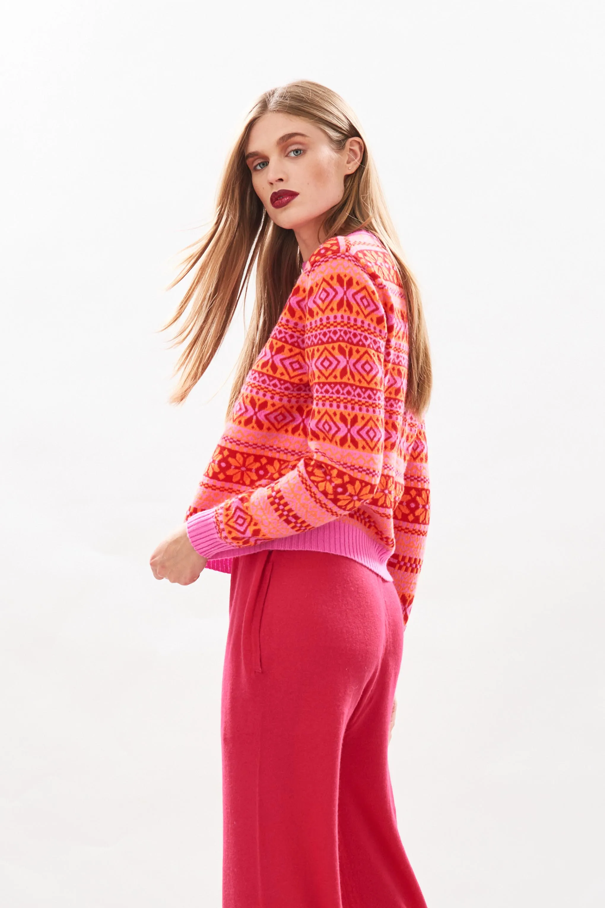 Cashmere Tonal Fair Isle Crew in Peony and Neon Orange