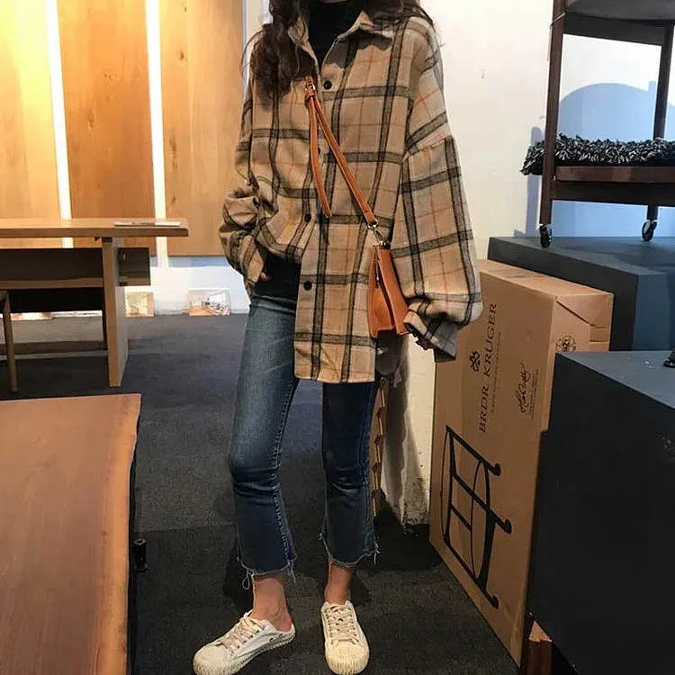 Casual Plaid Loose Button Sweatshirt Coat
