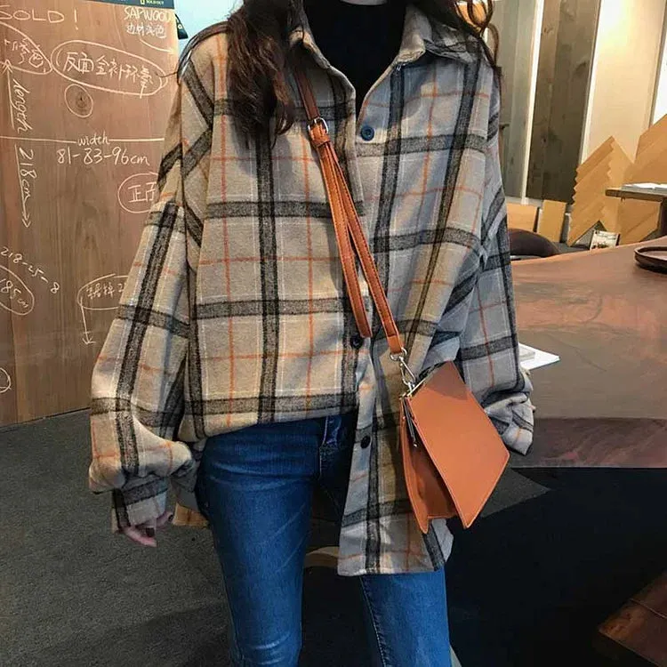 Casual Plaid Loose Button Sweatshirt Coat