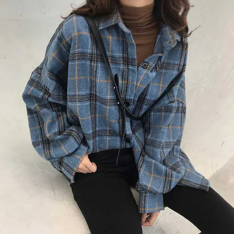 Casual Plaid Loose Button Sweatshirt Coat