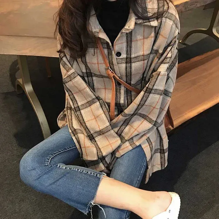 Casual Plaid Loose Button Sweatshirt Coat