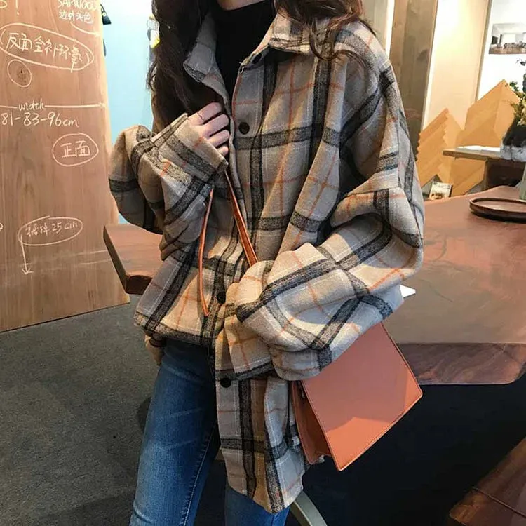 Casual Plaid Loose Button Sweatshirt Coat