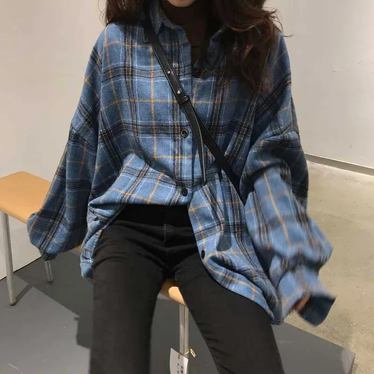 Casual Plaid Loose Button Sweatshirt Coat