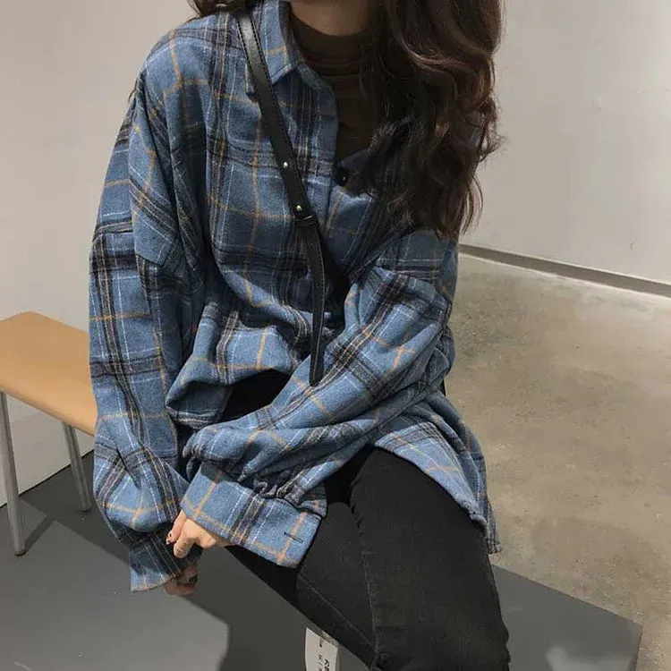 Casual Plaid Loose Button Sweatshirt Coat