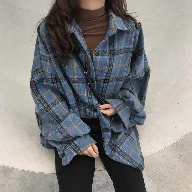 Casual Plaid Loose Button Sweatshirt Coat