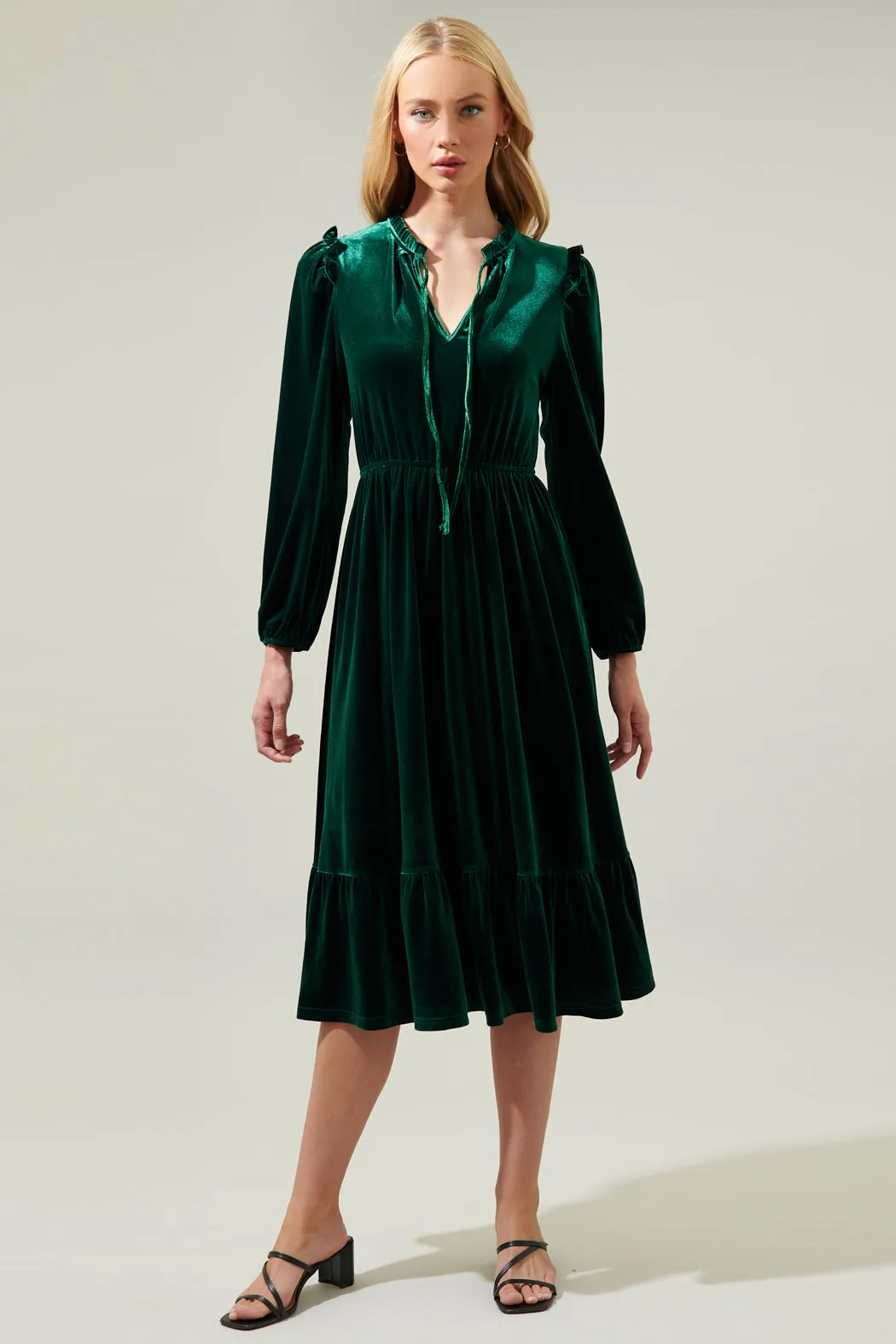 Charleston Ruffle Velvet Midi Dress