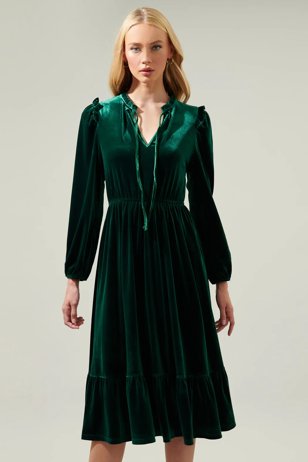 Charleston Ruffle Velvet Midi Dress