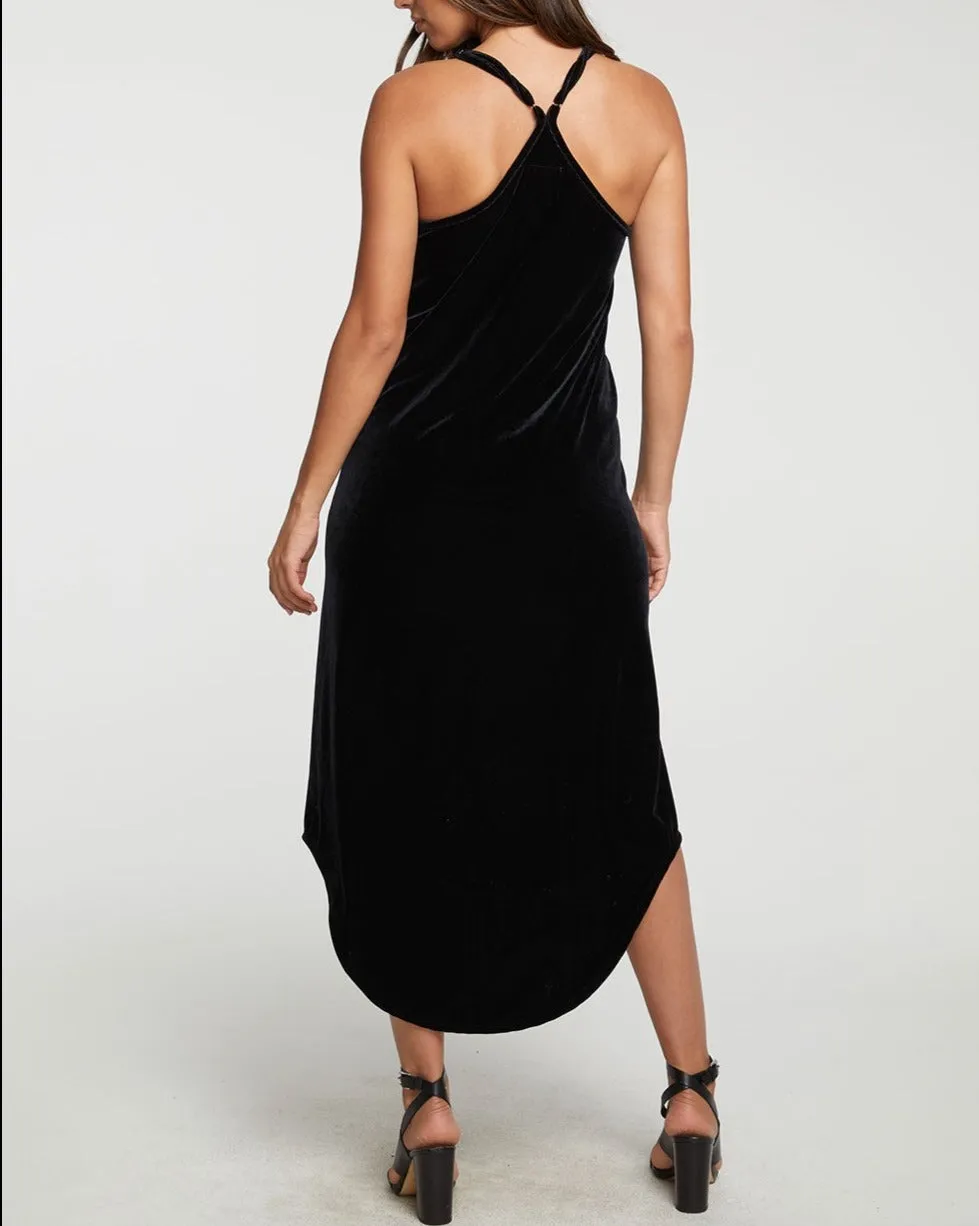 Chaser Stretch Velvet V Back Hi-Lo Midi Dress