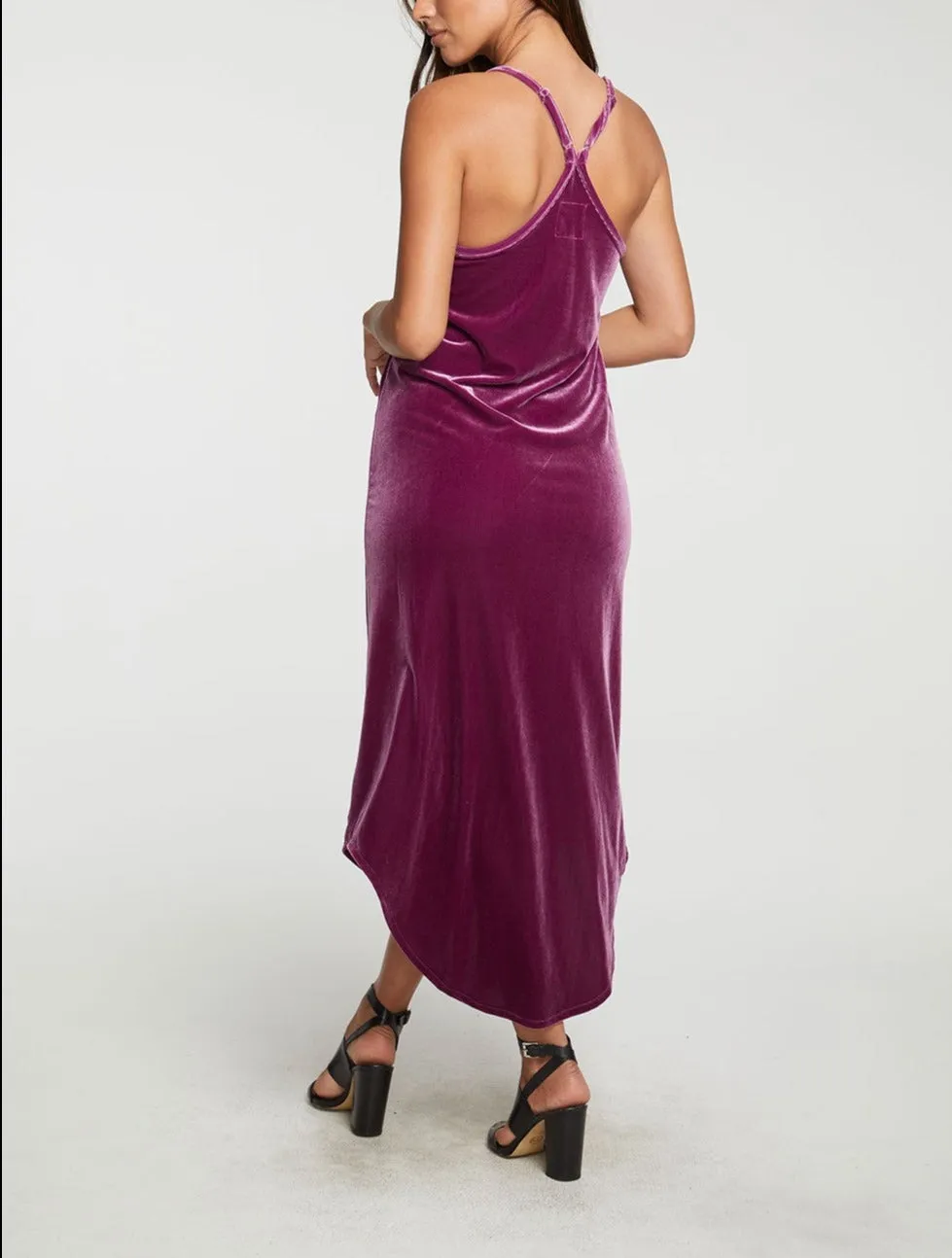 Chaser Stretch Velvet V Back Hi-Lo Midi Dress