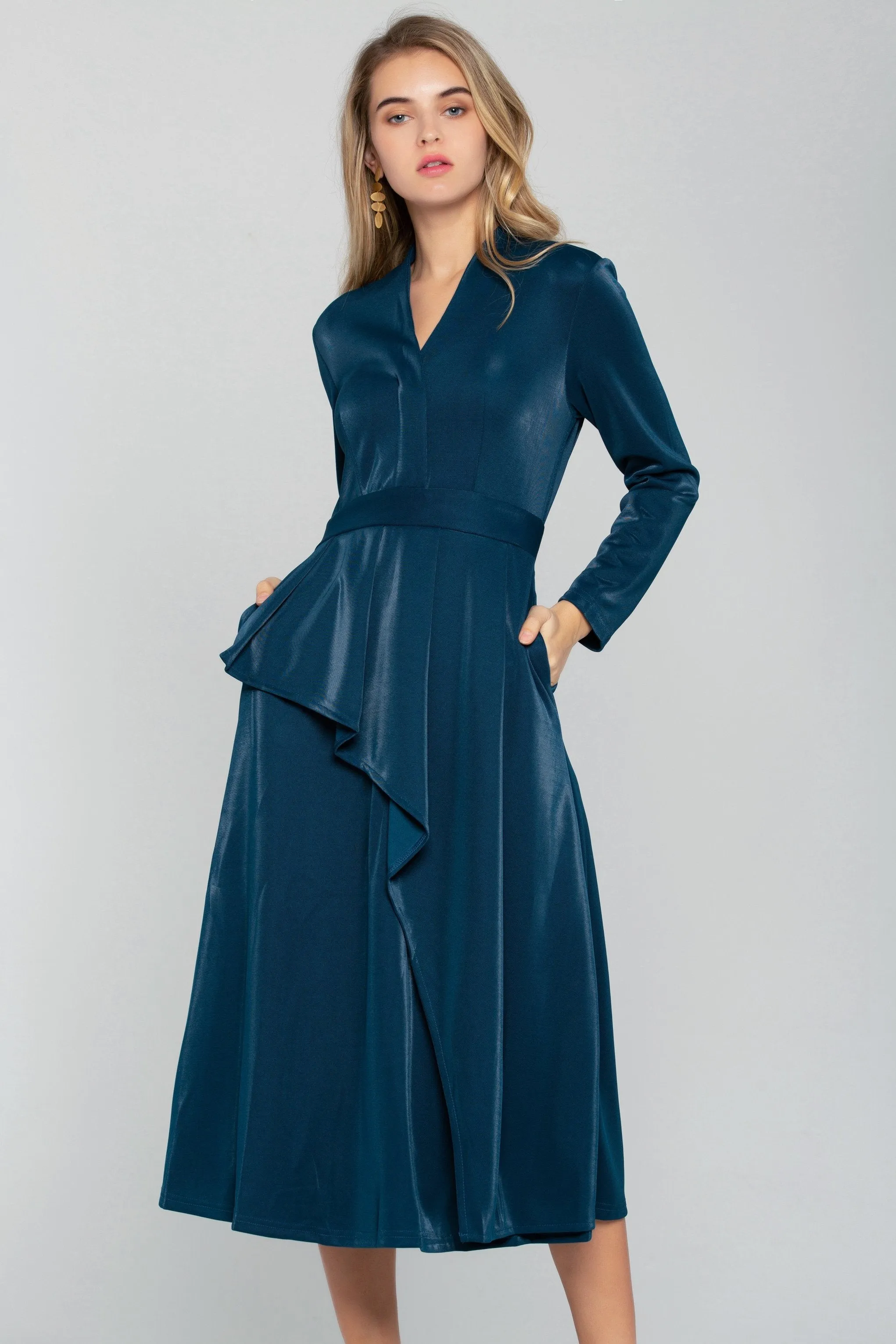 Cobalt Blue Velvet Asymmetrical Ruffles Midi Dress