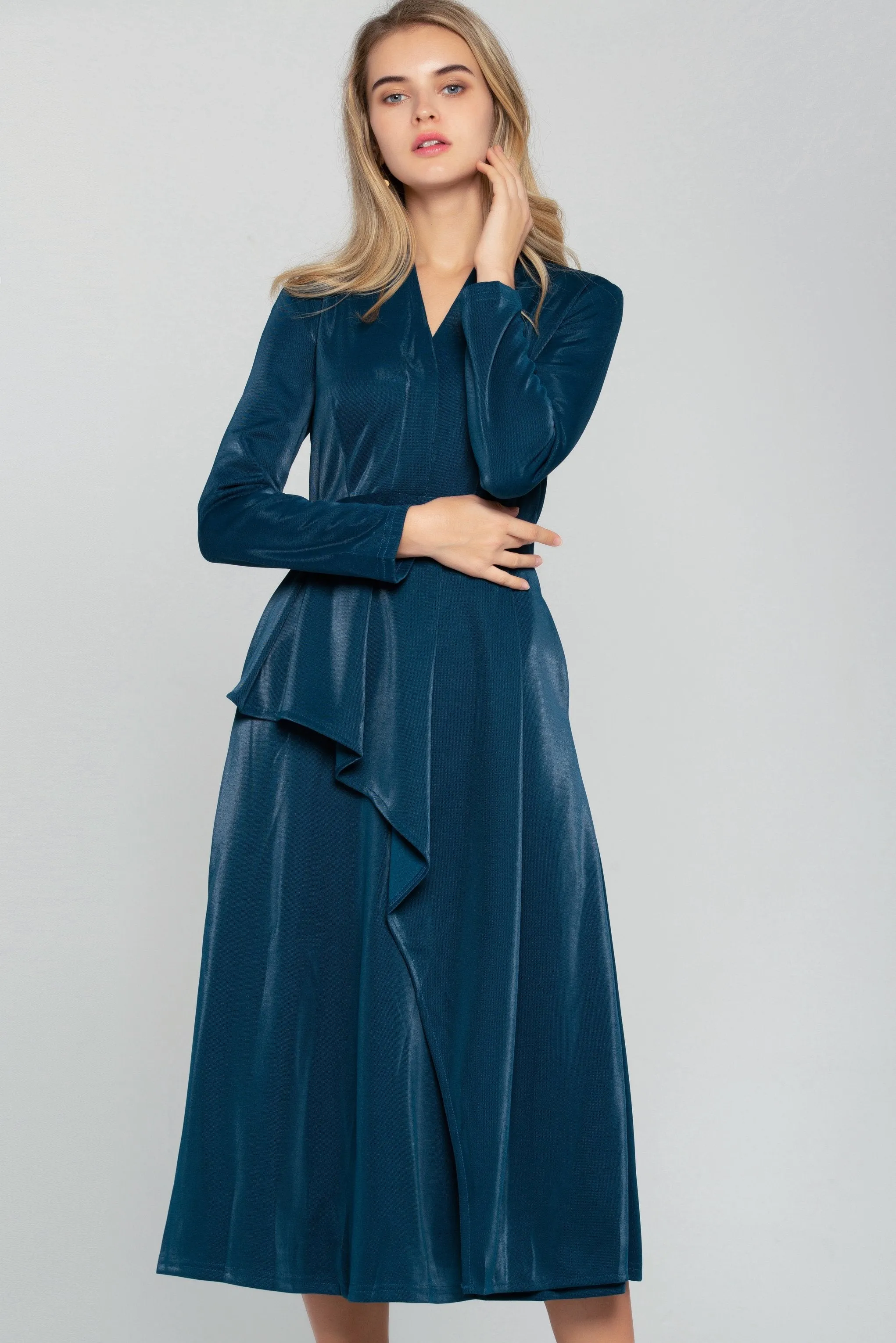 Cobalt Blue Velvet Asymmetrical Ruffles Midi Dress