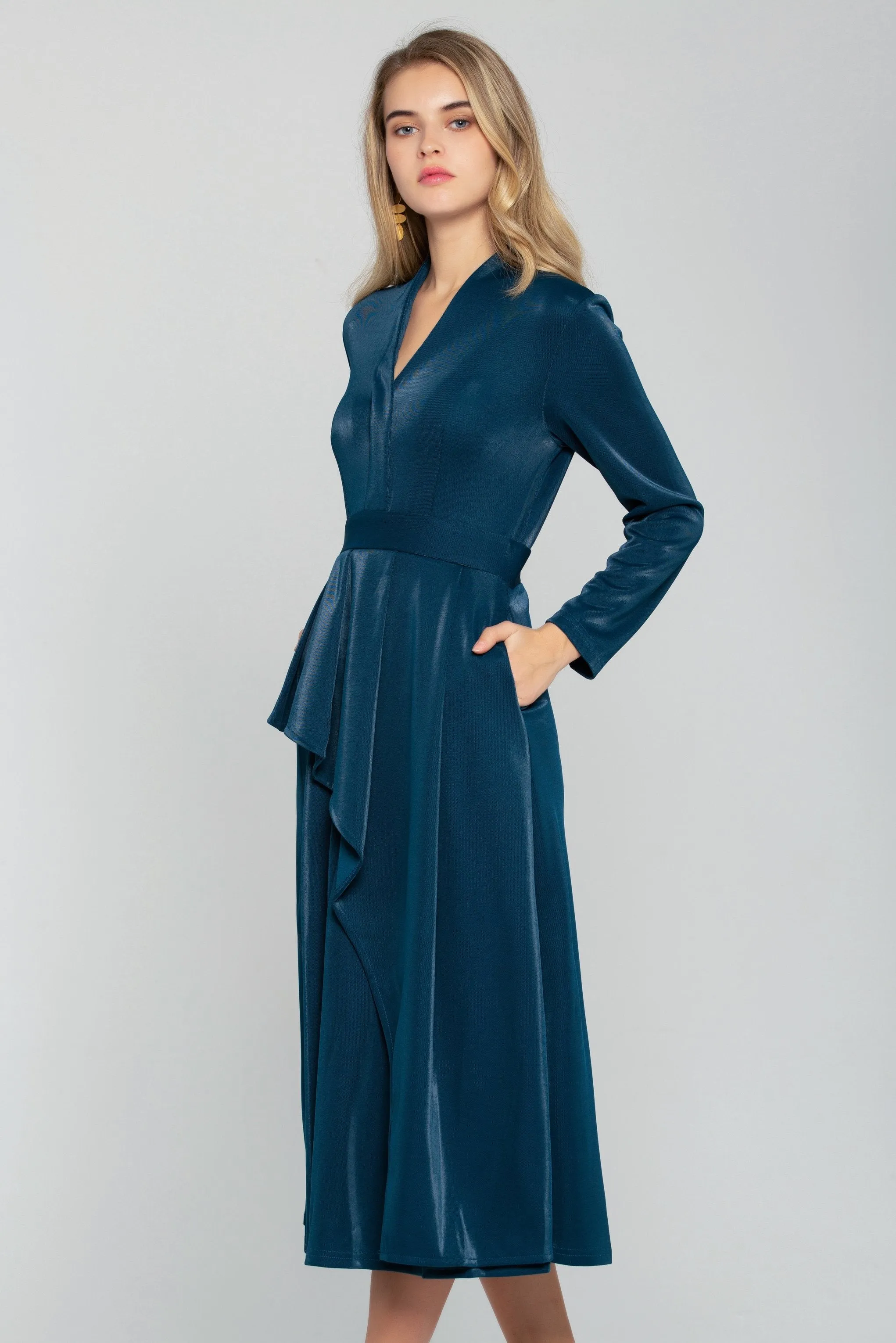 Cobalt Blue Velvet Asymmetrical Ruffles Midi Dress