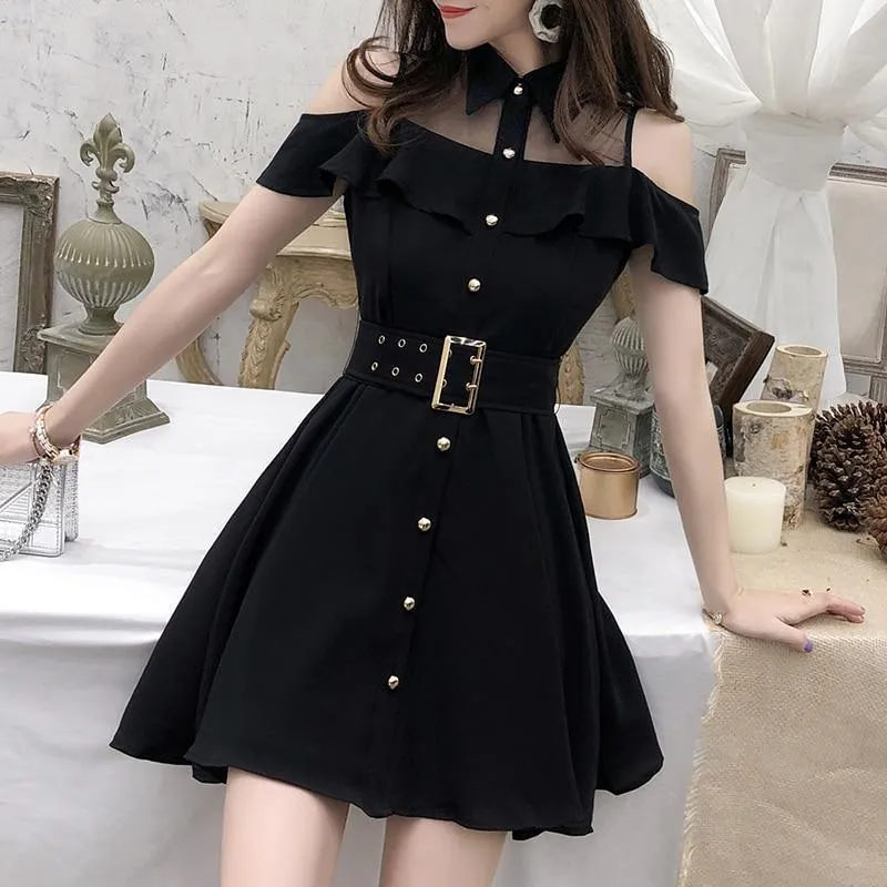 Cold Shoulder Turn-Down Collar Belt Dress