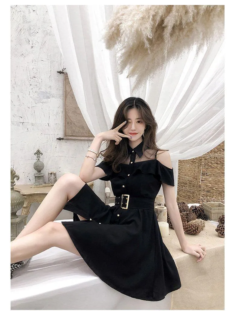 Cold Shoulder Turn-Down Collar Belt Dress