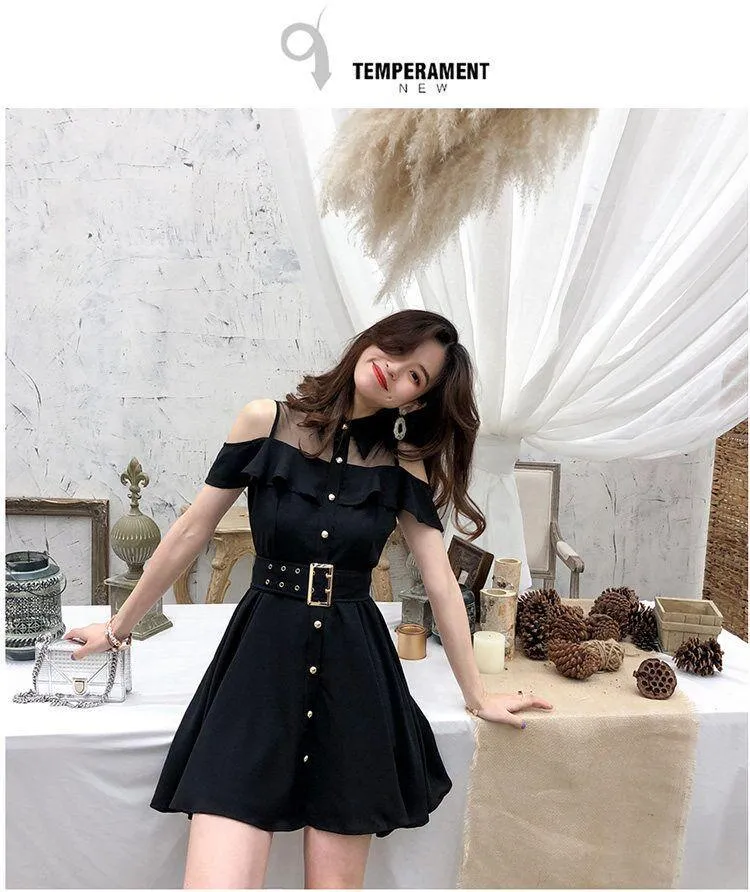Cold Shoulder Turn-Down Collar Belt Dress