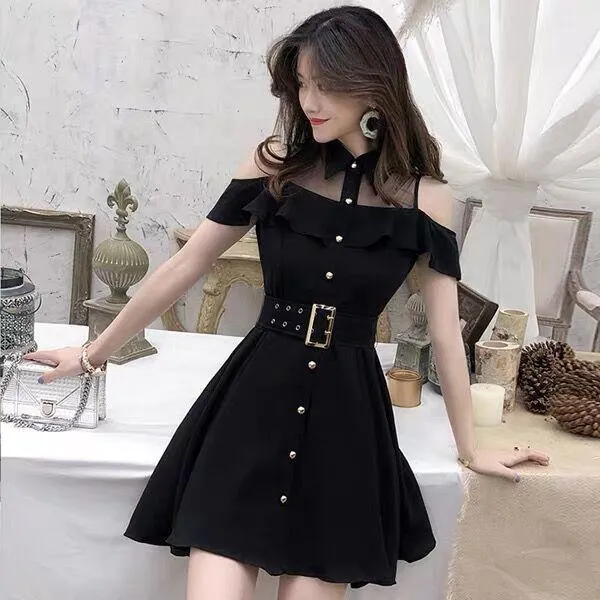 Cold Shoulder Turn-Down Collar Belt Dress
