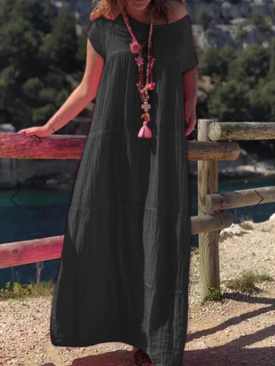 Cotton and Linen Short Sleeve Round Neck Casual Dress